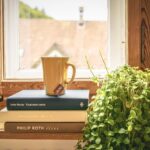 book, read, tee, literature, window sill, houseplant, window frames, novel, home, apartment, cup, book, book, book, book, home, home, home, home, home, apartment